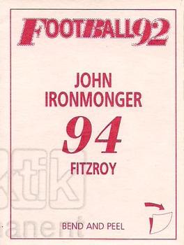 1992 Select AFL Stickers #94 John Ironmonger Back